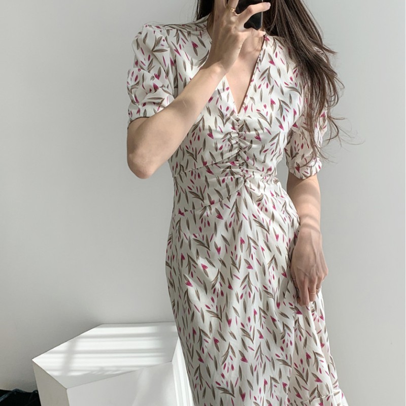 Fashion Summer Dress Korea Women Flowers V-Neck Puff Sleeve High Waist Slim Chiffon Mermaid Vestidos Robe 210519