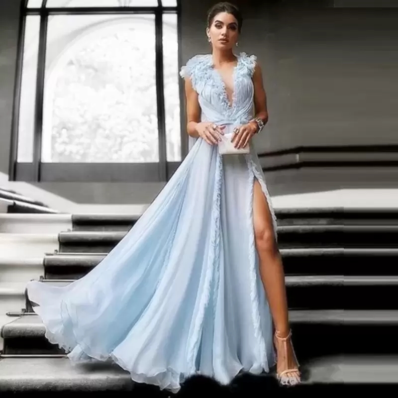 Deep V-Neck A-Line Evening Dresses Sleeveless Ruffled Sexy See Through High Split Floor Length Prom Dress Party Gownsm68 0510