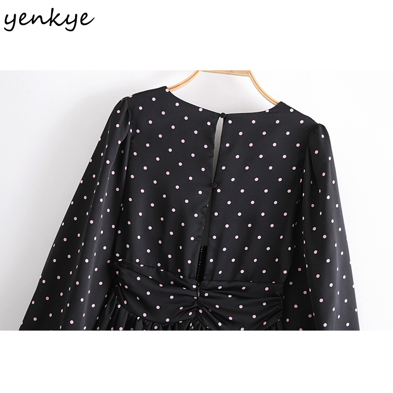 YENKYE Spring Women Vintage Polka Dot Mini Dress Fashion Lady Sexy V Neck Lantern Sleeve A-line Hem Ruffle Dress 210515
