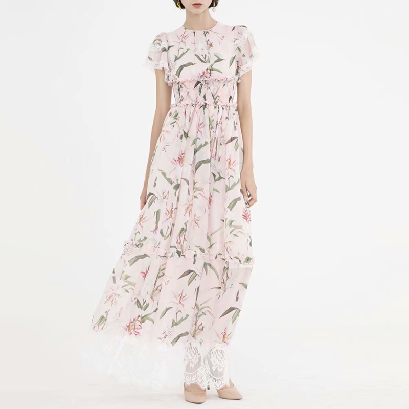 VGH Vintage Print Floral Dress For Women O Neck Short Sleeve High Waist Patchwork Lace Elegant Midi Dresses Female Fashion Style 210421