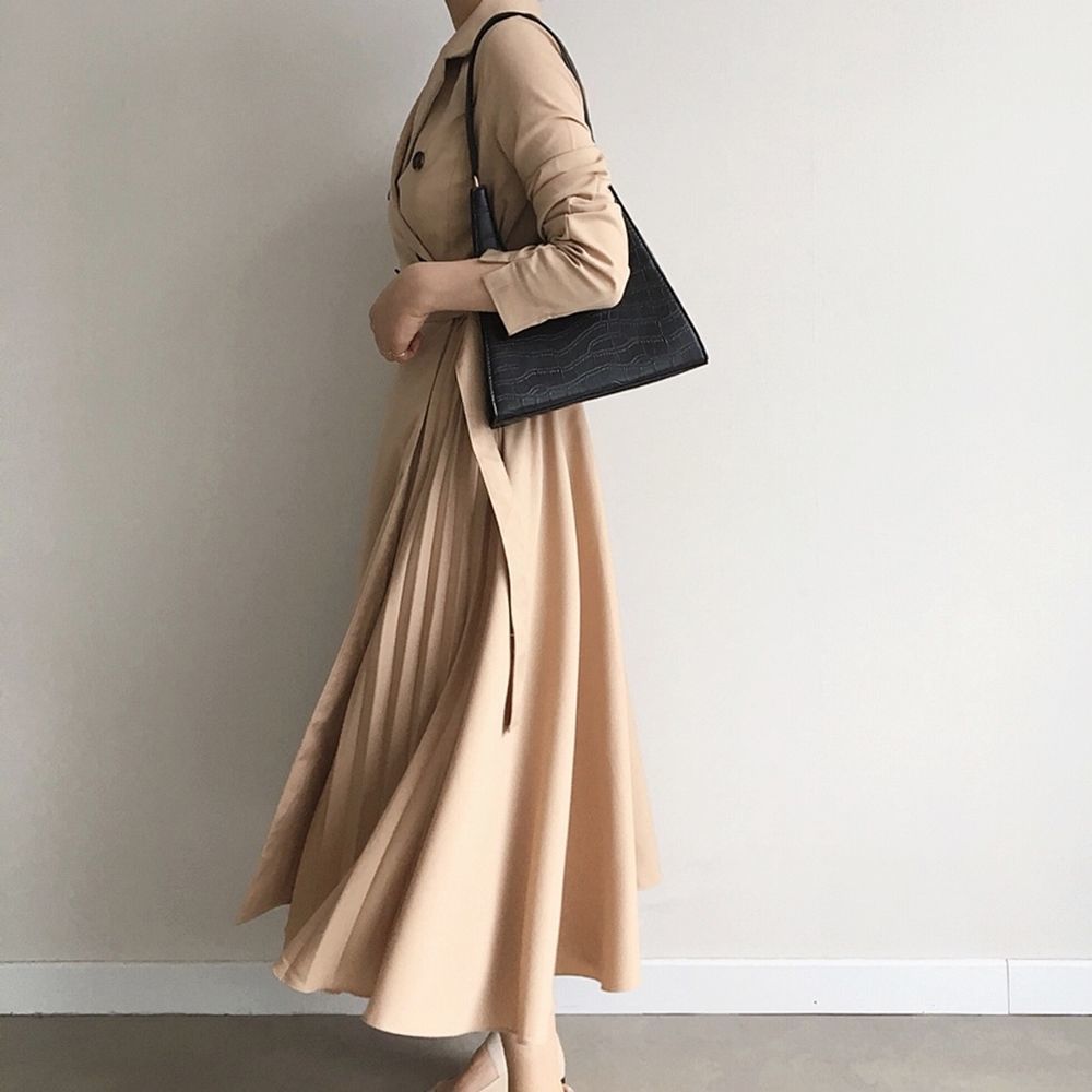 Office Lady Minimalist Autumn Dress Women Long Sleeve Double-breasted Suit Collar Fashion Solid Dresses 210421