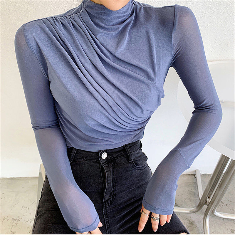 Turtleneck Solid Basic Women Autumn Pleated Brief Tops Full Sleeves Plus Size Female All Match Lace T-Shirts 210421