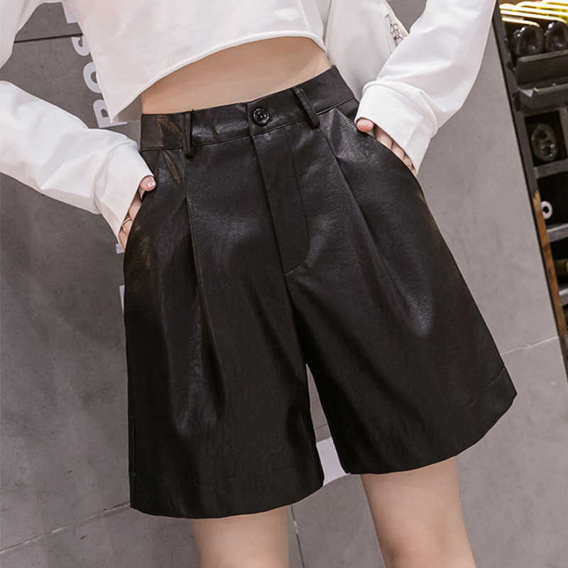 England Style Pu Leather Shorts Female High Quality Wide Leg Faux Waist Plus Size Loose Short Pants Women 210714