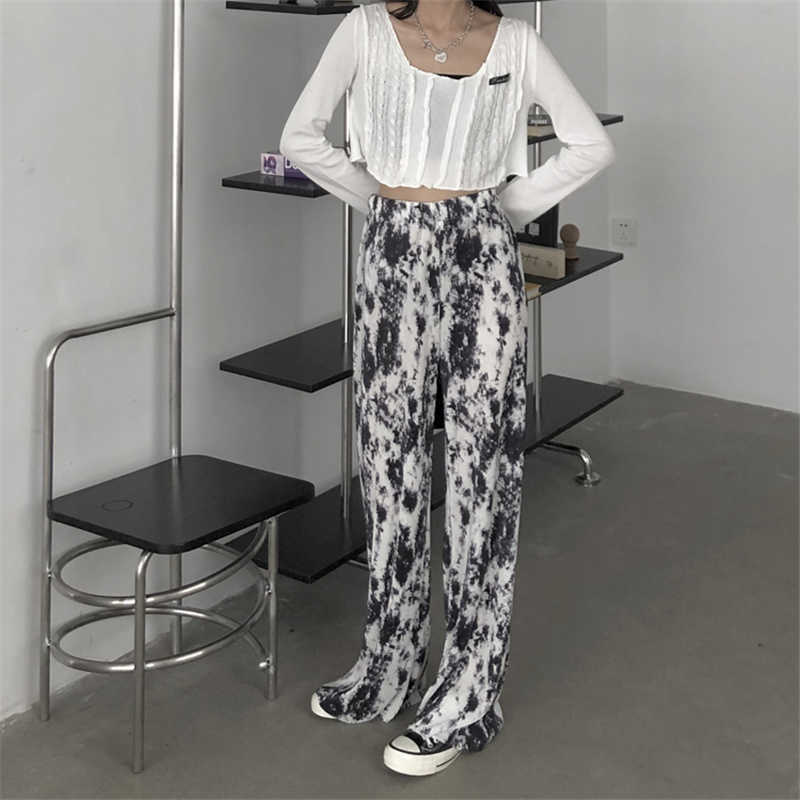 Qooth Pleated Printed Wide Leg Pant's Summer High Waist Casual Retro Thin Straight Long Elastic QT662 210609