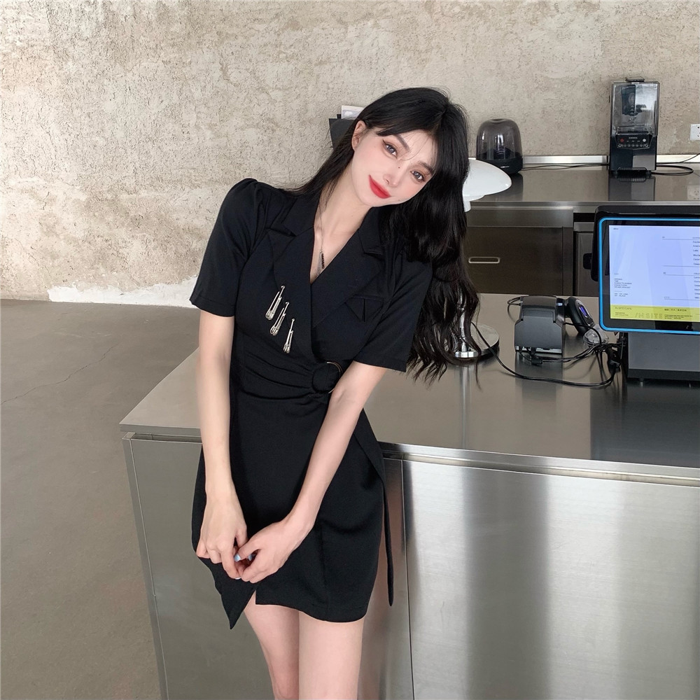 Summer Elegant Women's Dresses Retro Solid Color Lace-up Slim Dress Notched Collar Short Sleeve Mini Female 210519