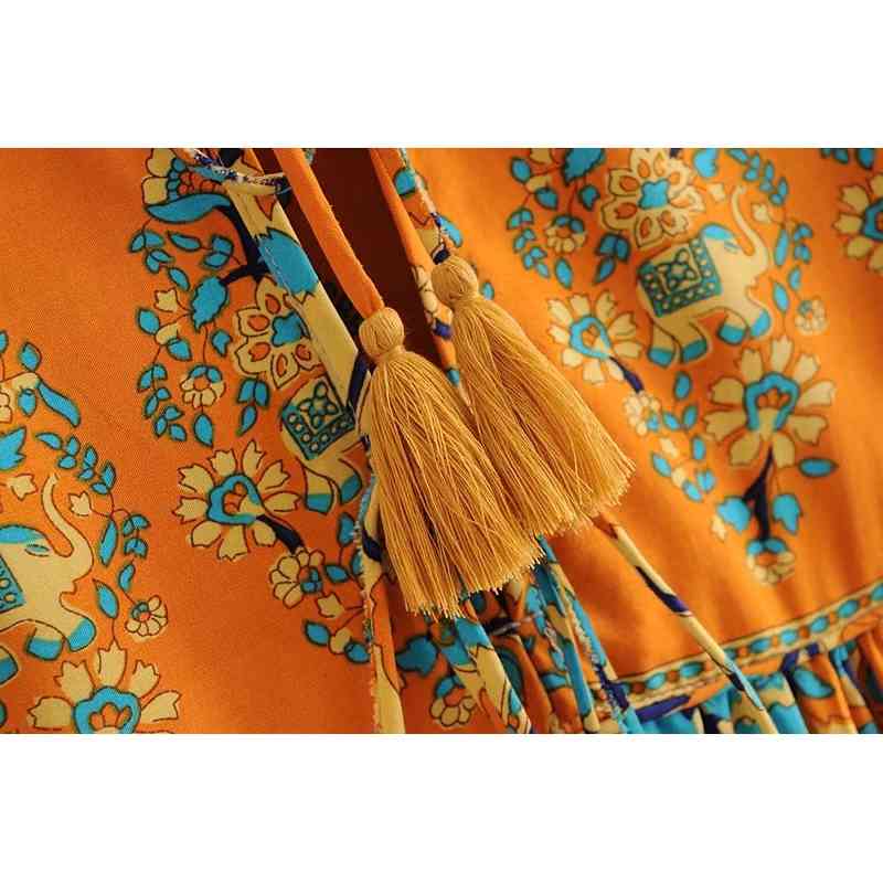 Bohemian Lace up V neck Location Floral Print Dress Orange Ethnic Woman Tassel Long Sleeve Holiday Dresses BOHO 210429