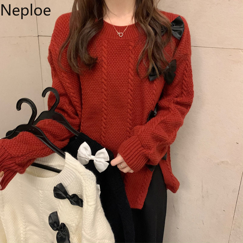 Neploe Korean Sweet Knitwear Pullovers Chic Bow O-neck Long Sleeve Knitted Sweater Women Sueter Mujer Loose All-match Red Tops 210422