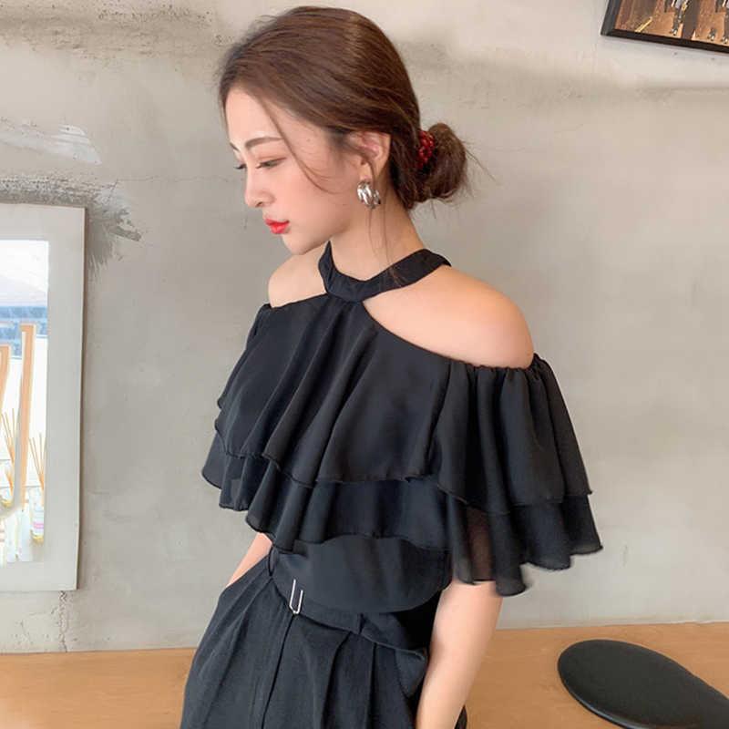 Korejpaa Women Shirt Summer Korean Chic Lady Feminine Halter-Neck Slack Shoulder Double-Layer Ruffled Flying Sleeve Blouse 210526