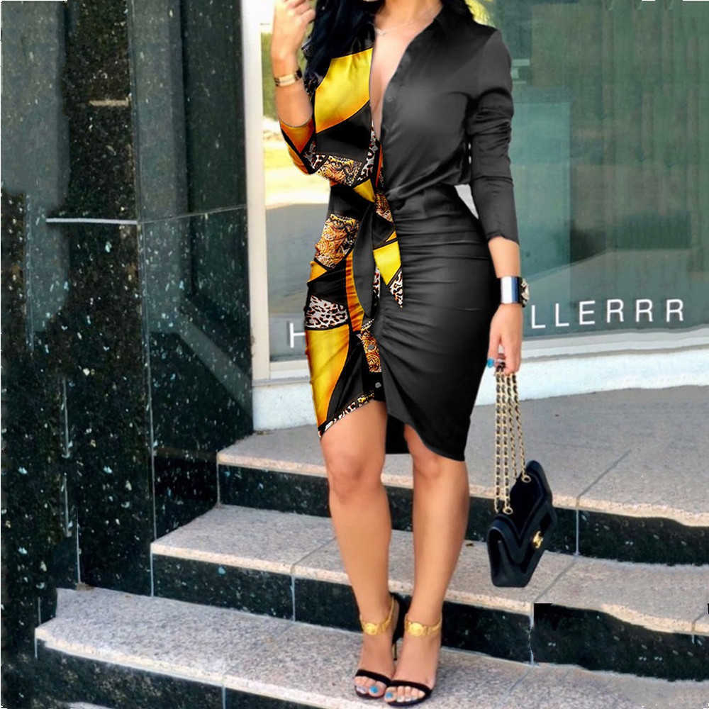 Summer V-neck Lace Up Print Patchwork Long Sleeve Shirt Dress Women Casual Lapel Button Pleated Package Hips Satin Dresses Femme 210526