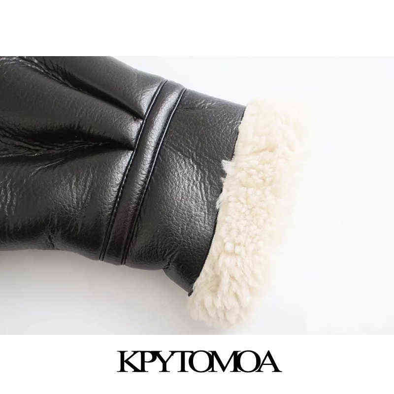 KPYTOMOA Women Fashion Thick Warm Faux Leather Shearling Jacket Coat Vintage Long Sleeve Flap Pockets Female Outerwear Chic Tops 211130