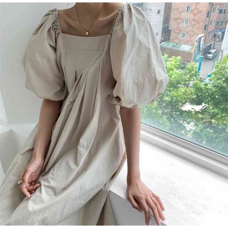 Fashion Women Summer Dress Oversize High Waist Lantern Sleeve Vintage Lady Loose Long Vestidos 210520