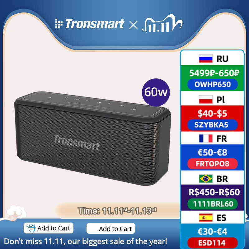 60W Power Tronsmart Mega Pro For Bluetooth 5.0 Speaker Portable Speaker Enhanced Bass Column with NFC, IPX5, 10400mAh battery H1111
60W Power Tronsmart Mega Pro For Bluetooth 5.0 Speaker Portable Speaker Enhanced Bass Column with NFC, IPX5, 10400mAh battery H1111