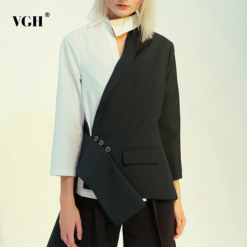 VGH asymmetrical patchwork hit color blazer for women lapel long sleeve irregular hem slim womens suit spring fashion 210421