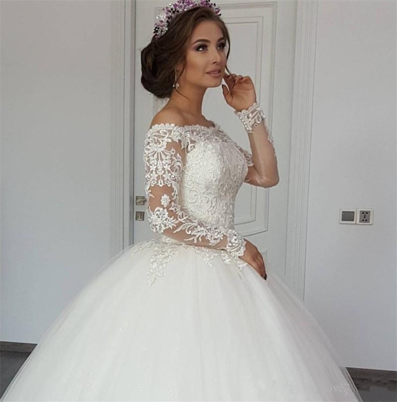 2021 Luxury Lace Ball Gown Wedding Dresses Off Shoulder Long Sleeve Sweep Train Bridal Gowns Applique Plus Size African Abiti Da Sposa
