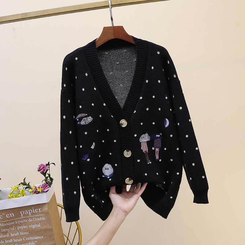AZYT Autumn Dot Cartoon Print Knit Cardigan Women V Neck Long Sleeve shirt Tops Female Harajuku Sweater Coat 211018