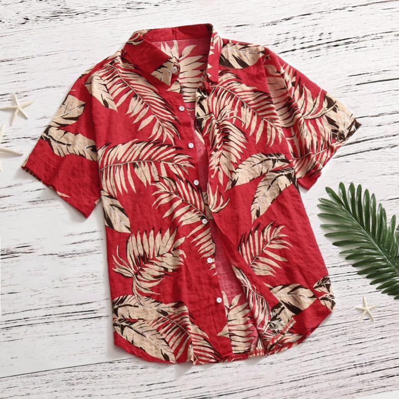 

Men's Casual Shirts Men Summer Shirt Beach Style Green Leaves Printed Hawaiian Short Sleeve Turn Down Collar Blouses Tops Camisa Homme, White;black