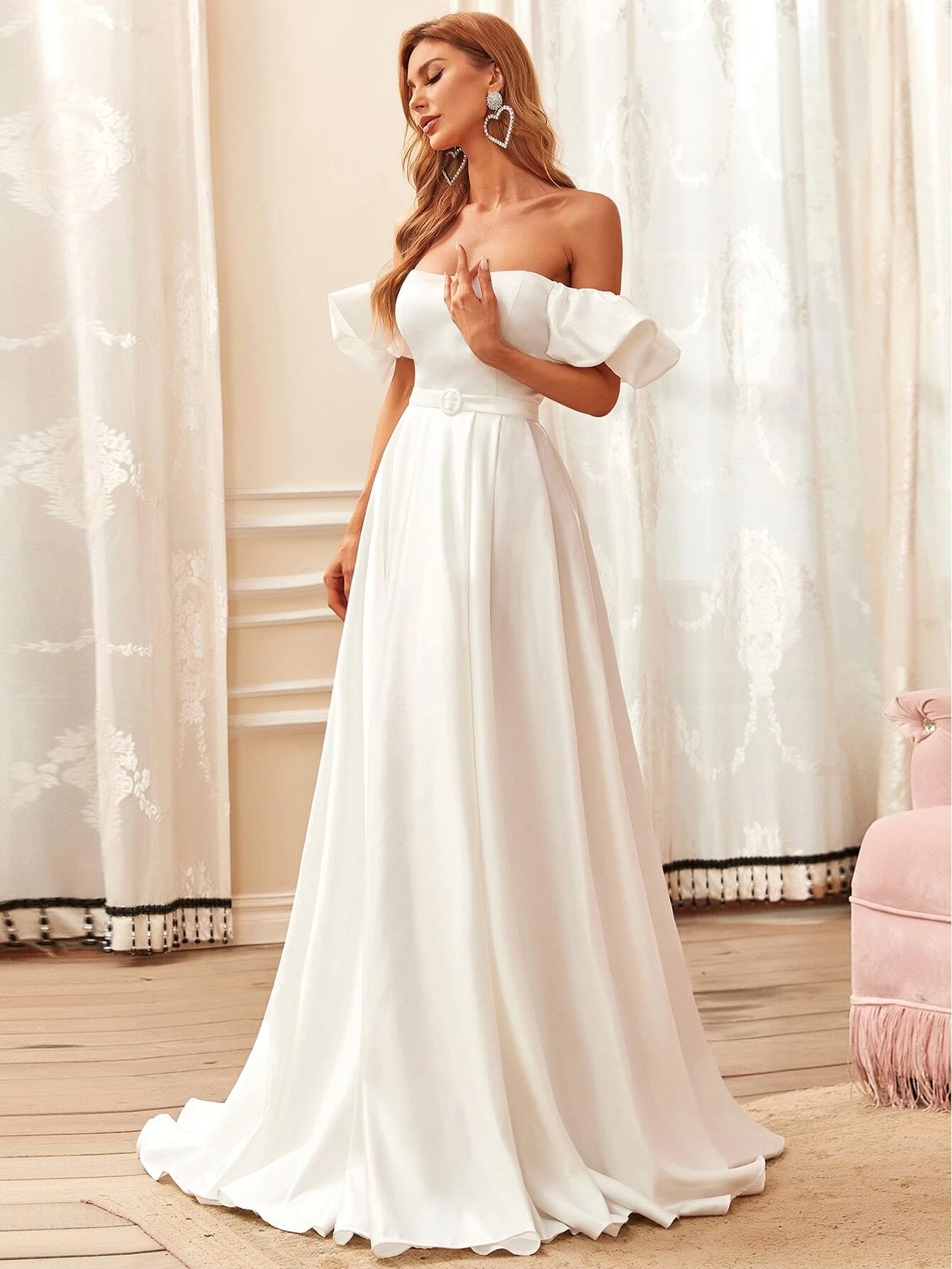 Bridal Gown Plus Size 2022 A-line Satin Wedding Dresses Off Shoulder Puff Sleeve Buckled Belted vestidos de noiva