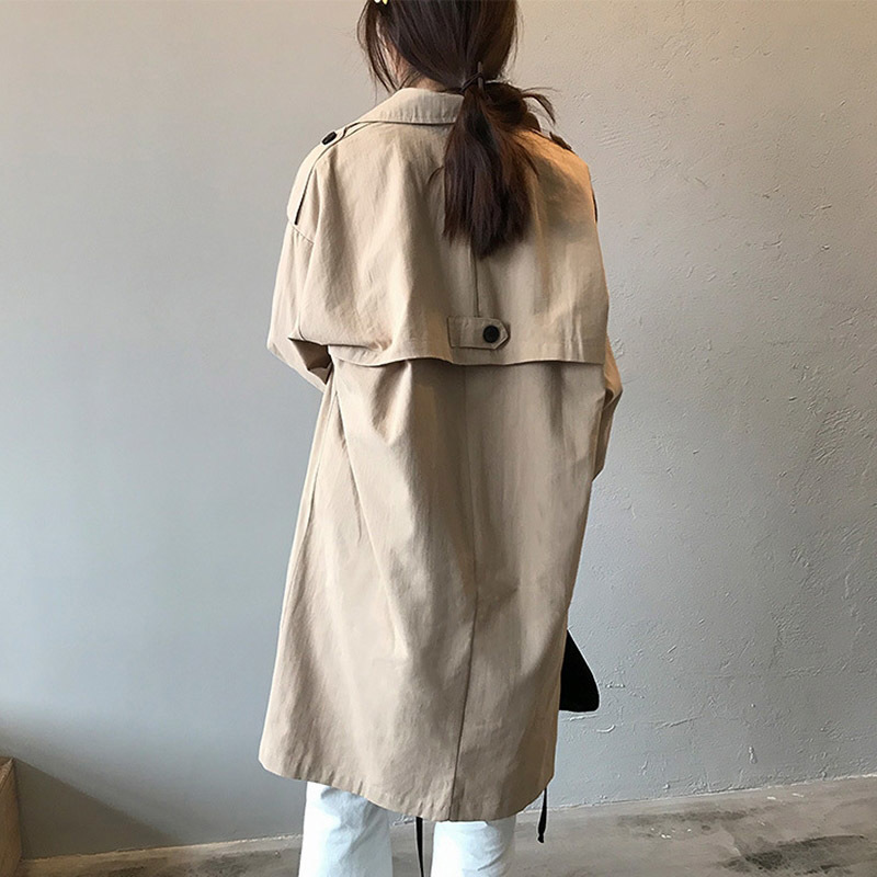 Women Solid Casual Trench Coat Turn Down Collar Loose Office Wear Long Coat Big Pocket Korean Gray Khaki Windbreaker 210414
