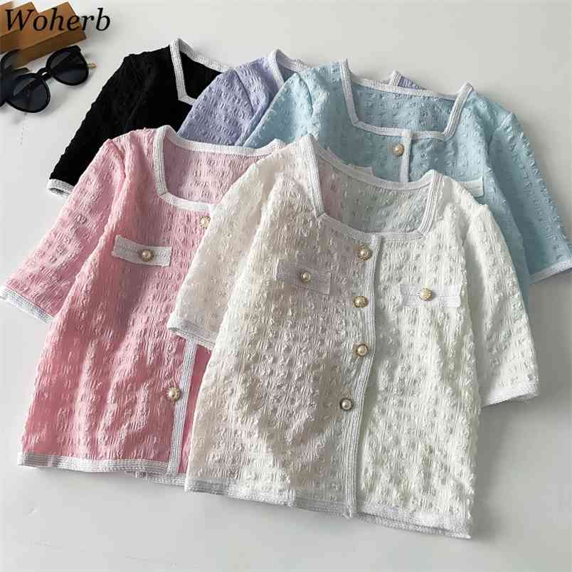 Short Sleeve Blouses Women Elegant Single Breasted Slim Shirts Korean Square Collar Blusas Vintage Temperament White Tops 210519, Pink
Short Sleeve Blouses Women Elegant Single Breasted Slim Shirts Korean Square Collar Blusas Vintage Temperament White Tops 210519, Pink