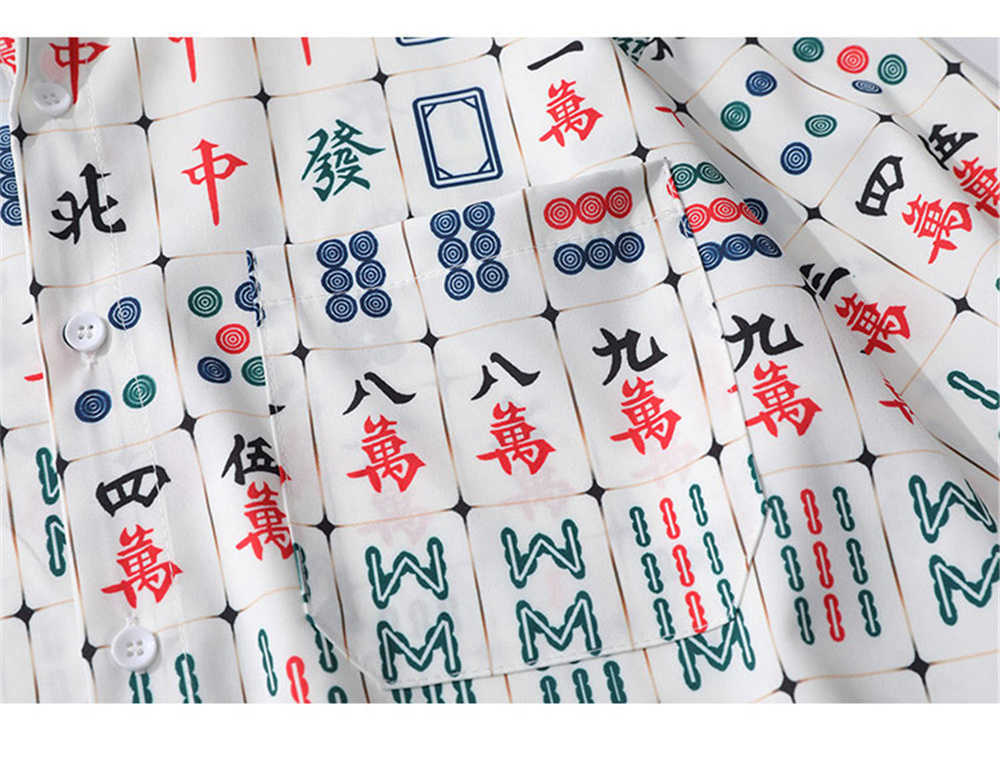 Fashion Men's Short Sleeve Shirts Funny Chinses Mahjong Print Streetwear Single-breasted Harujuku Shirts for Men Tops 210601