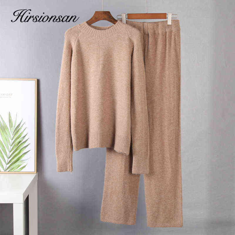 Hirsionsan Basic Two Piece Knitted Loose Pants and O Neck Sweater Women Autumn Winter Warm Sets Female Tracksuits Pullovers 211116