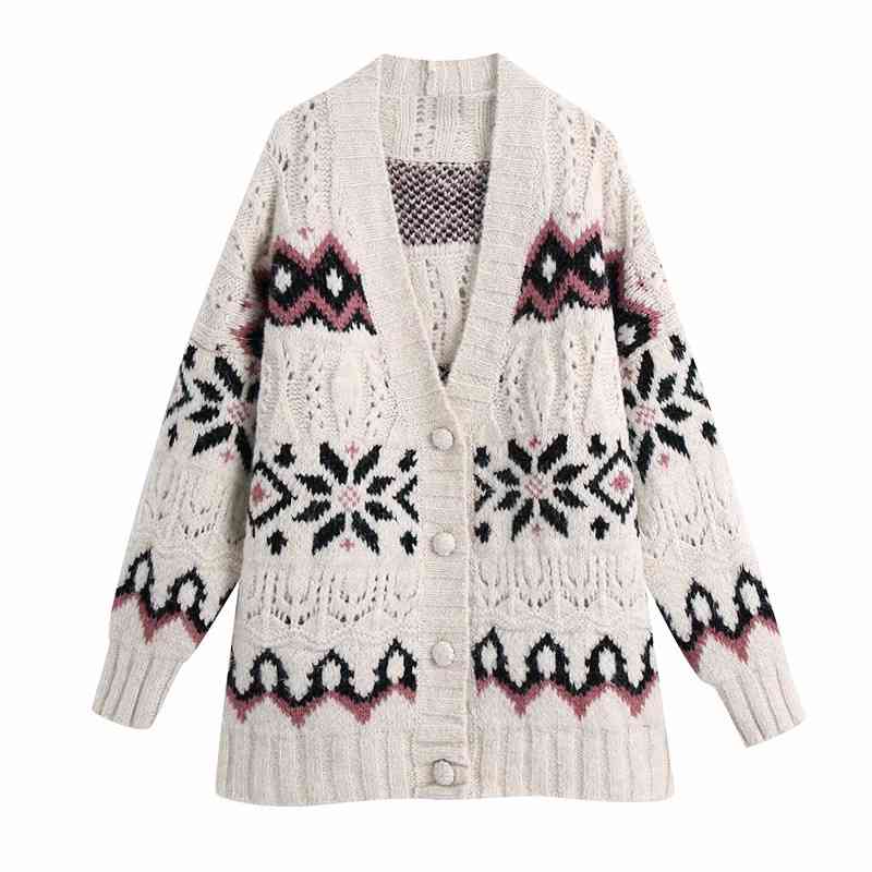 Streetwear Women Geometry Jacquard Sweater Fashion Ladies V-Neck Knitted Tops Causal Female Chic Loose Cardigan 210430