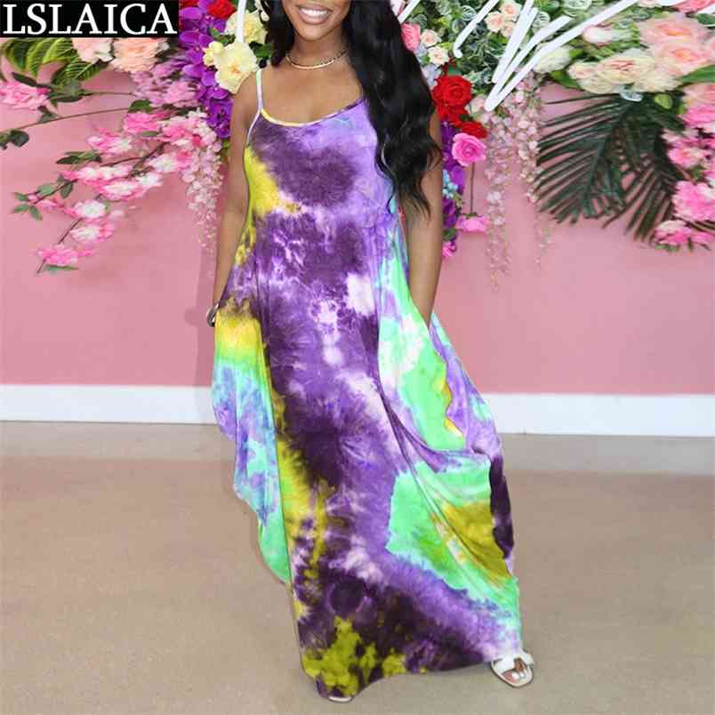 Wholesale Items Fashion Sexy Suspender Dress Women Tie Dye Print Plus Size Streetwear Party Summer Robe De Plage 210515
