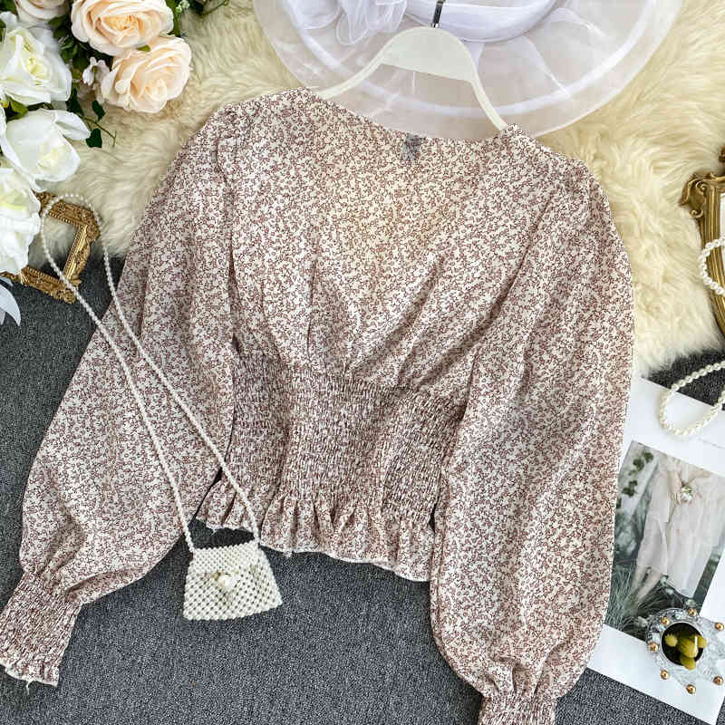 Pleated Bow Blusa Feminina Sexy V-neck Short Crop Top Chiffon Blouse Vintage Floral Print Shirt Camisas Mujer 210519