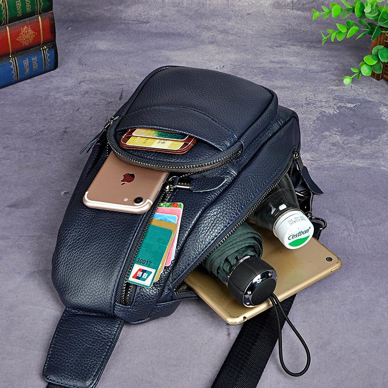 Waist Bags Crazy Horse Leather Men Casual Blue Travel Triangle Chest Sling Bag Design 8" Tablet One Shoulder Strap Daypack Male 8012
