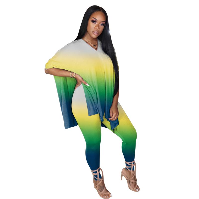 Summer Autumn Women Outfits S--5XL Gradient Half Sleeves Long T Shirt With Split + Leggings Two Pieces Party Sports Sets Women's Tracksuits