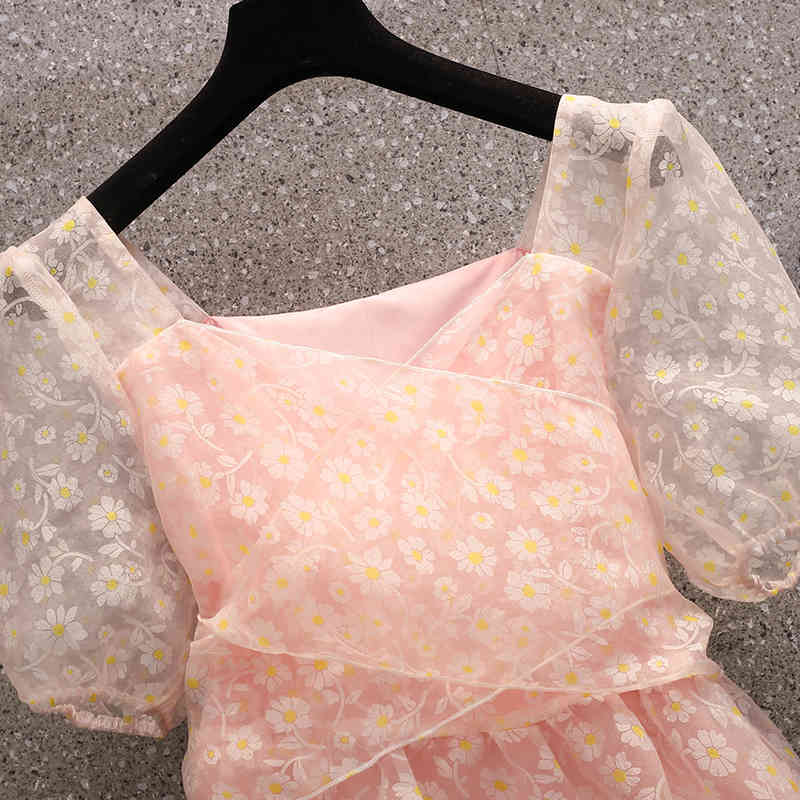 Fashion Summer Women's Sweet Square Collar Flowers Pink Chiffon Dress Slim Puff Sleeve Girls Lace Up Mini Dresses Plus Size 210519