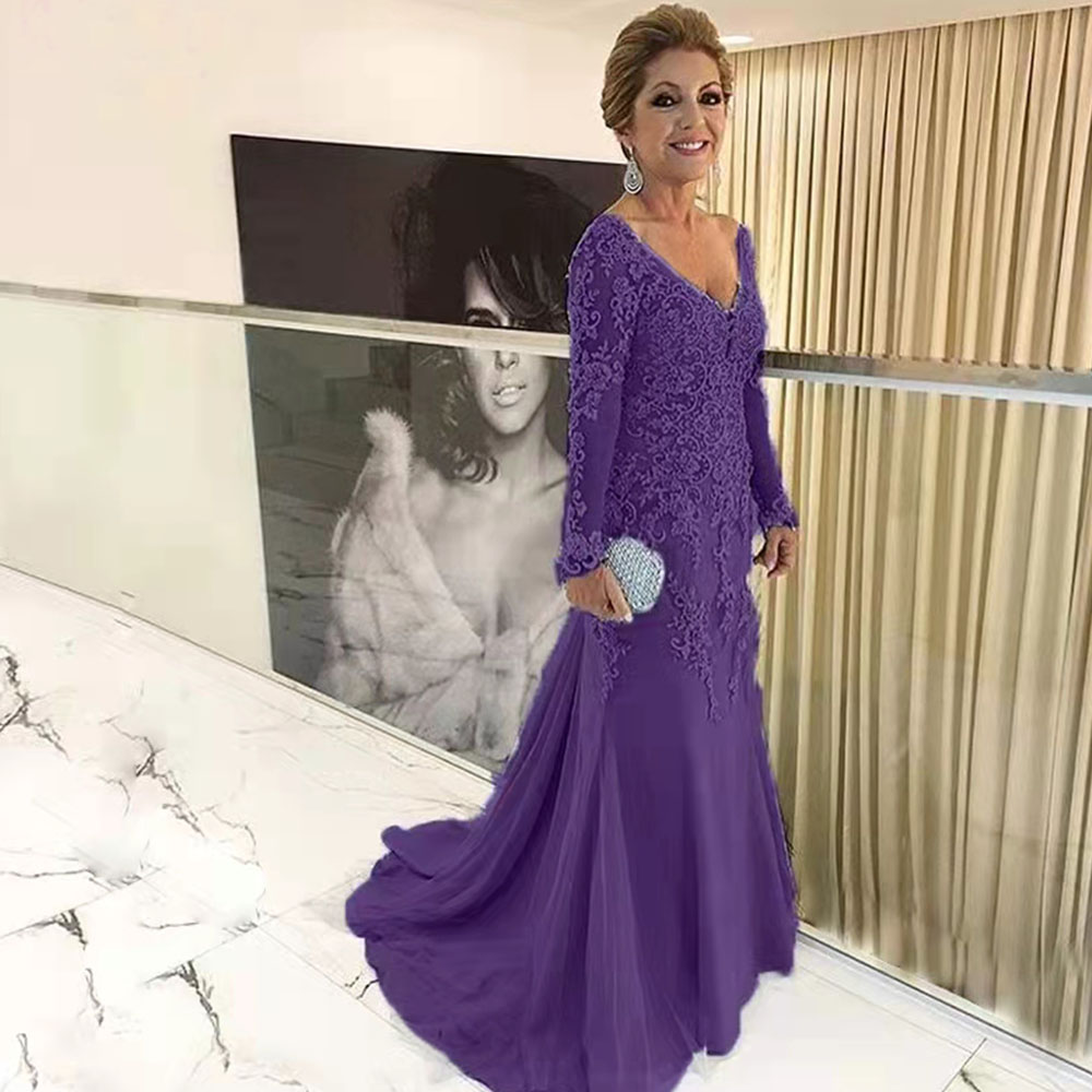 Elegant Lace Long Mother Of The Bride Dresses For Weddings V-Neck Full Sleeve Mermaid Formal Evening Gowns Women Groom Mother's Wedding Party Dre