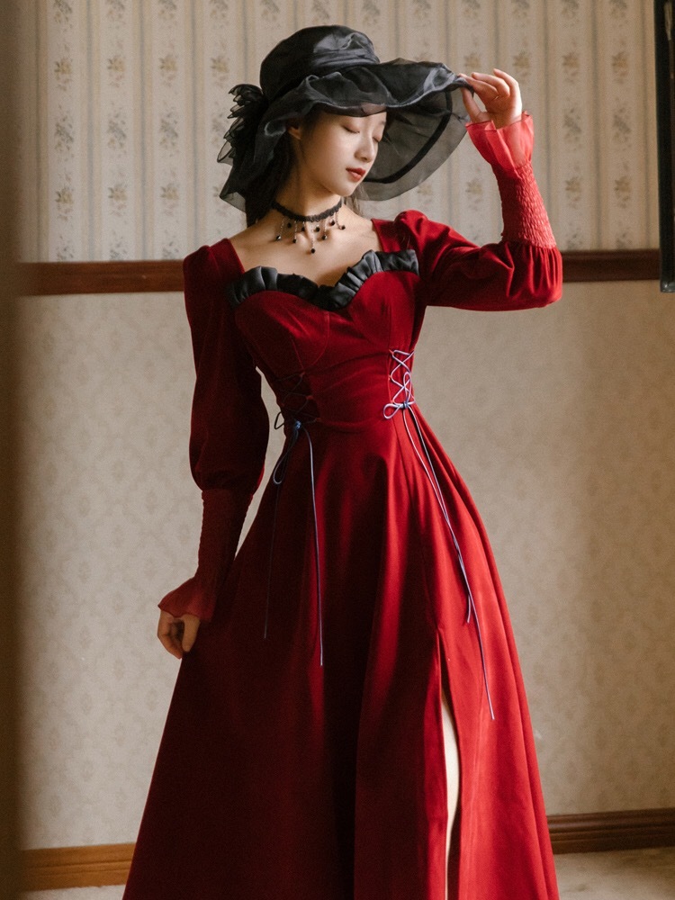 victorian square collar long sleeve elegant red autumn winter velvet midi dress for women ruched strawstring 210421