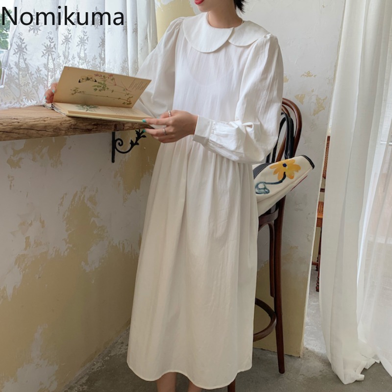 Nomikuma Korean Sweet Peter Pan Collar Women Dress Puff Sleeve Causal Solid Vestidos Femme Spring New Dresses 6F708 210427