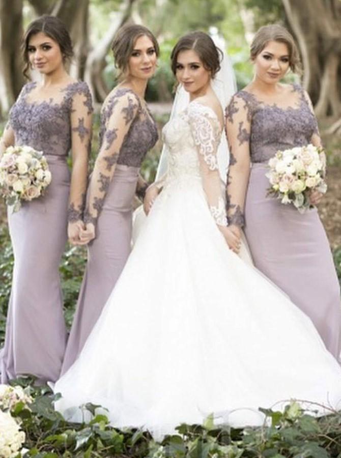 Lilac Long Sleeves Cheap Bridesmaid Dresses Illusion Under Mermaid Appliques Beaded Long Wedding Party Dresses