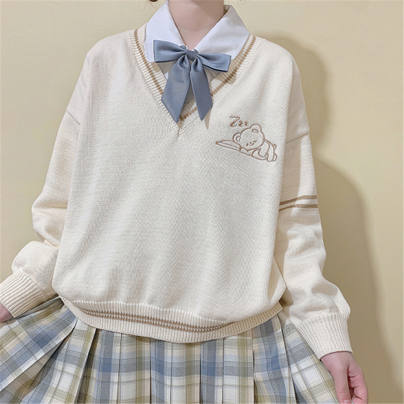 Cute V Neck Sweater Women Knitted Kawaii Cartoon Bear Jumper Preppy Style Casual Long Sleeve Pullover Girls School Uniform Beige
Cute V Neck Sweater Women Knitted Kawaii Cartoon Bear Jumper Preppy Style Casual Long Sleeve Pullover Girls School Uniform Beige