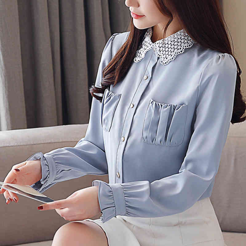 Fashion Chiffon Shirts women Long Sleeve Turn-down Collar Pockets Clothing Casual Womens Tops and Blouses 5584 50 210506
