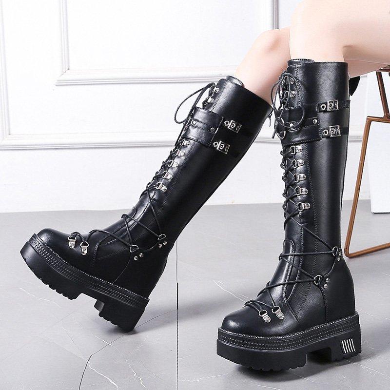 10cm Heel Motorcycle Boots Black Knee High Punk Cosplay Fashion Goth Wedges Platform Heels Women Shoes