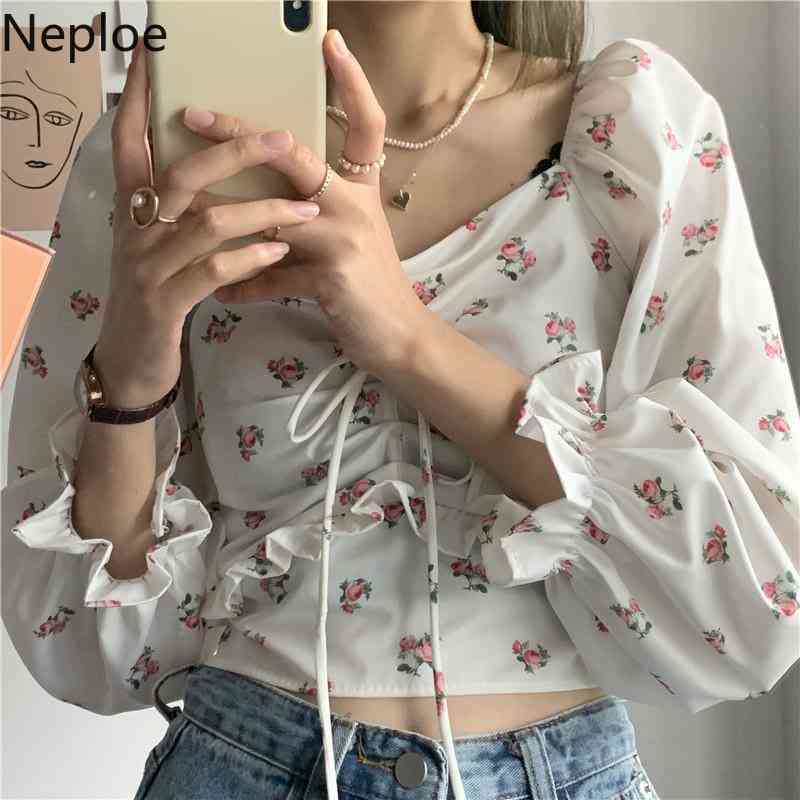 Neploe Clothes for Women Tops Slash Neck Floral Print Blouse Slim Fit Sexy Shirts Drawstring Crop Top Korean Cute Blouses 210422