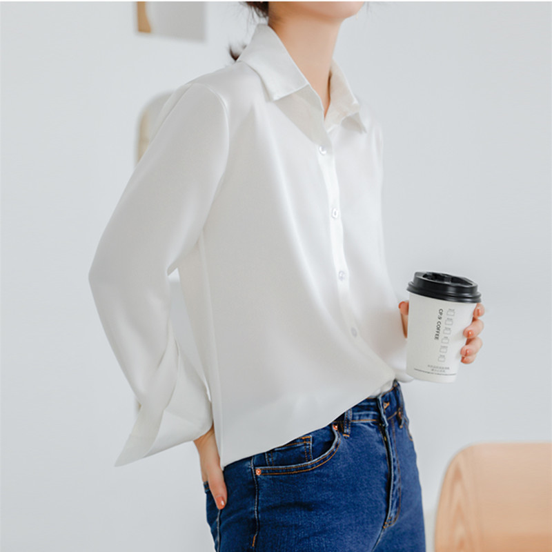 OL Elegant Career Slim Fit Basic Shirt Autumn Tops Lapel Solid Long-sleeved Formal Chiffon Blouses Woman Clothes 210421