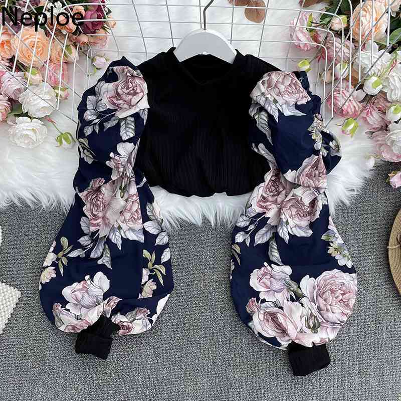Neploe Women Blouses Vintage Print Blouse Lantern Sleeve Patchwork Temperament Shirt O Neck All Match Slim Tops Blusas Mujer 210422
