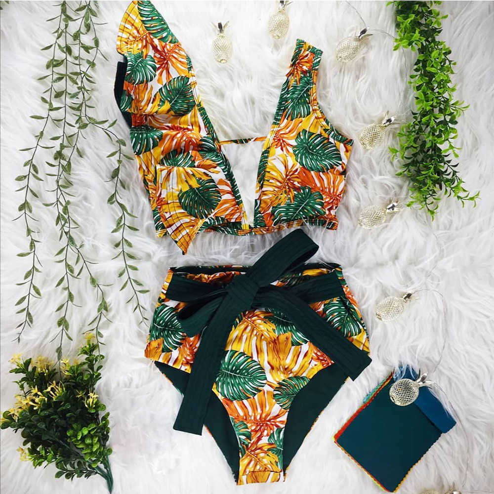 Two-Pieces Women Floral Push-Up Padded Bra Ruffles Bandage Bikini Set Swimsuit Swimwear Bathing Suit Beachwear Biquini 210625
