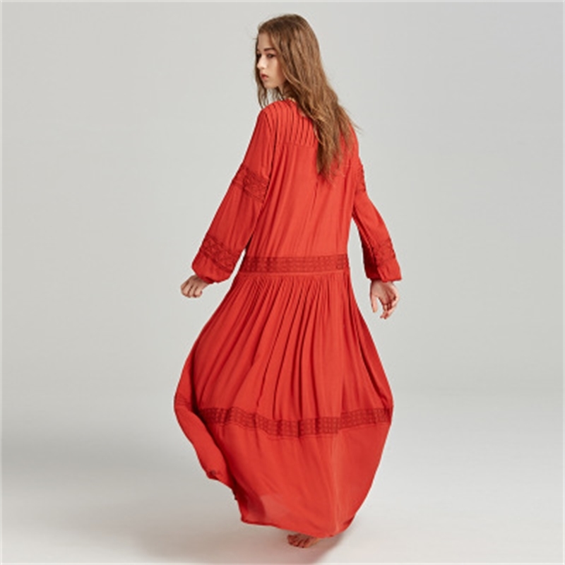 TEELYNN long sleeve maxi dresses women tunic cover up red floral embroidery v neck tassel long dress Casual loose boho vestidos 210706