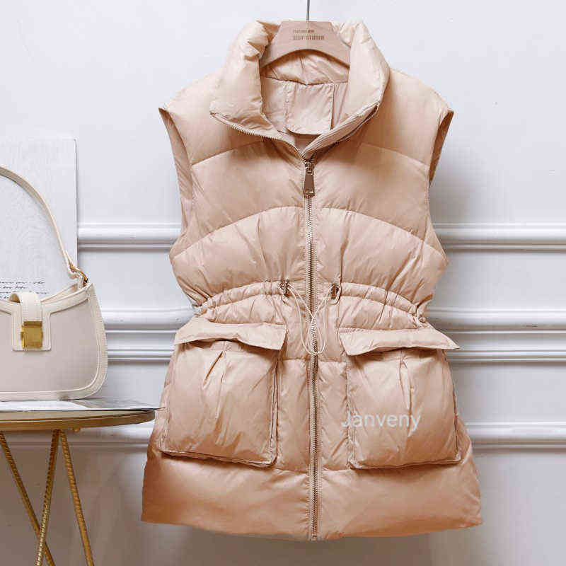 Janveny Winter Down Vest Women Mid-Length Slim Waistcoat 90% White Duck Down Jacket Female Gilet Sleeveless Windproof 211105