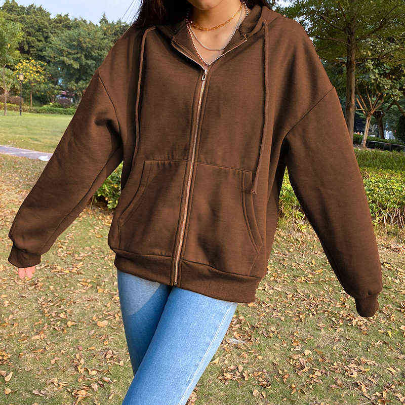 Women Sweatshirt Jacket Winter Clothes Female Zip Up Oversize Hoodies Casual Loose Black Brown Hoodie Vintage Fleece Pullover 211109