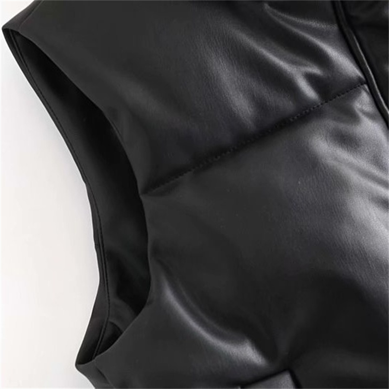 TRAF Women Fashion Leather Cotton Pocket Padded Waistcoat Vintage Sleeveless Female Outerwear Streetwear 211105