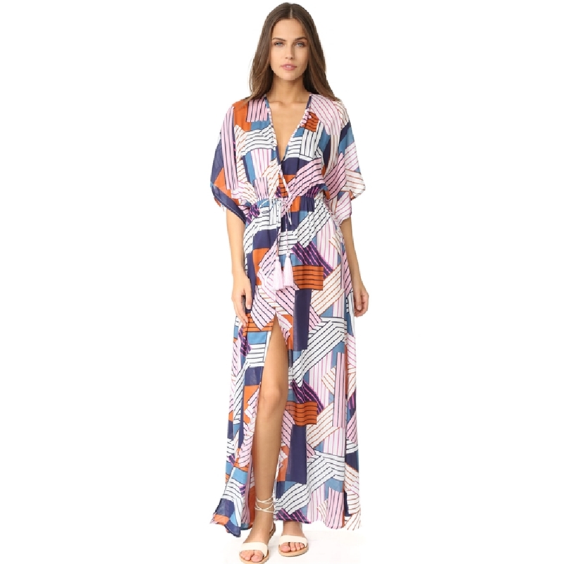 Patchwork Swimsuit cover up Beach Tunic Sarong Robe de Plage wear kaftans long Dress Womens Swim Wear #Q541 210420