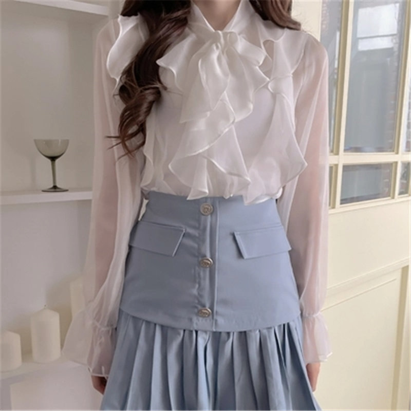 Office Lady Plus Size Light Ruffles Arrival Solid Girls Casual Vintage Gentle Streetwear Basewear Retro Shirts 210421