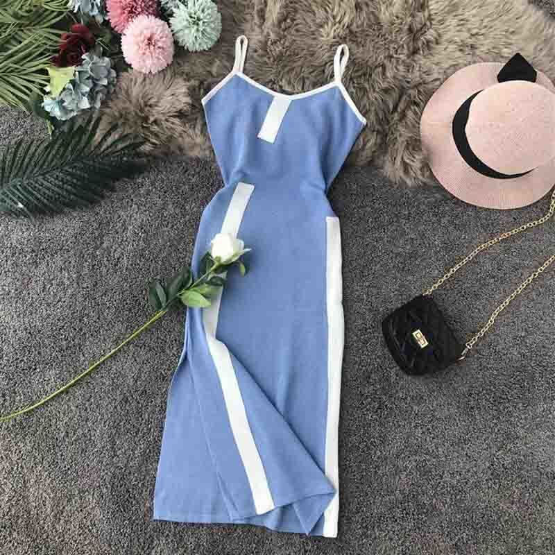 Vintage Women Dress Summer Stripe Splice Slim Sexy Knitted Dress Sleeveless Spaghetti Strap Split Bodycon Dress Vestido 210521