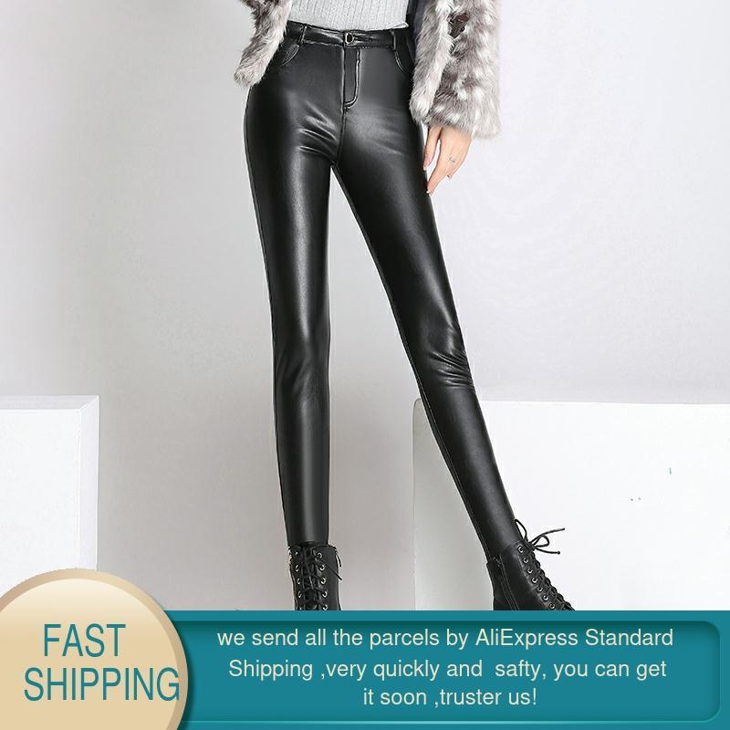 Leather Pants Women PU Abdomen Trousers Autumn Winter Korean Velvet Leggings Pencil Black Mid Tight 210428